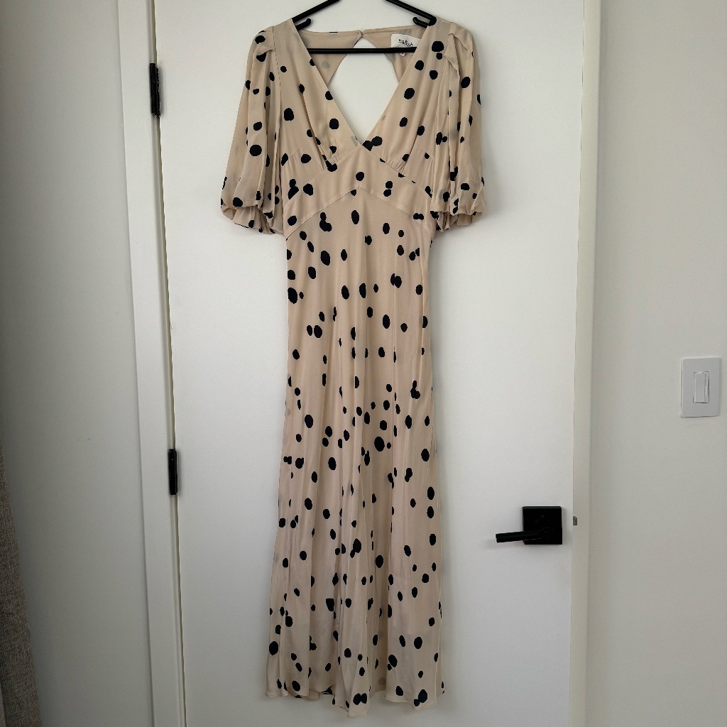 Nwt Ba&Sh | Delize Midi Polka Dot V-Neck Open-Back Cream Navy Dress Size 0